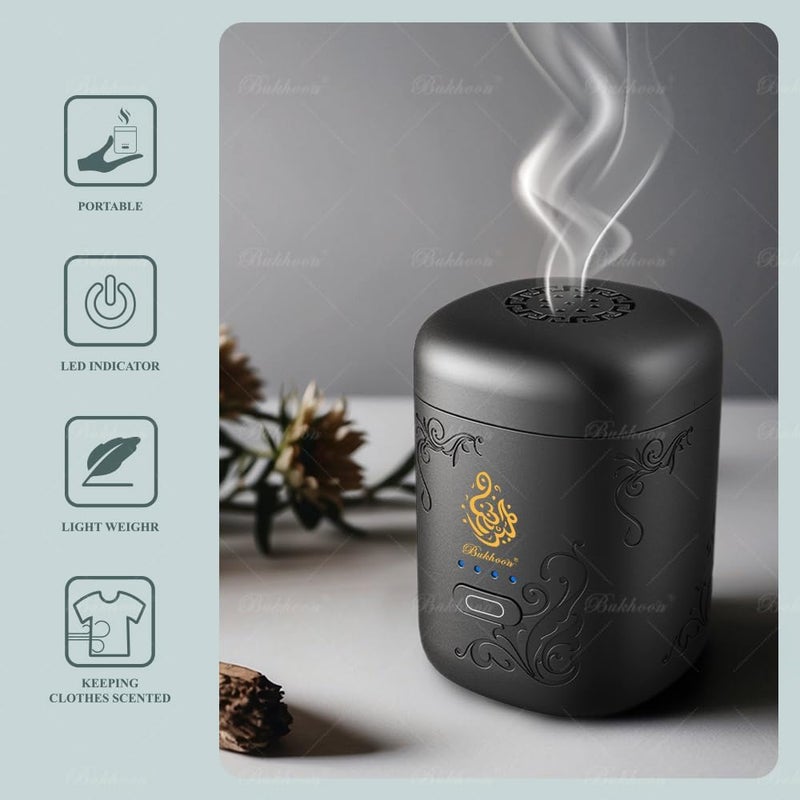 Bukhoon Mini Electric Incense Burner with Display Light Arabian Incense Burner USB Rechargeable Portable Incense Burner Gift Set B38 (Black) - Image 5