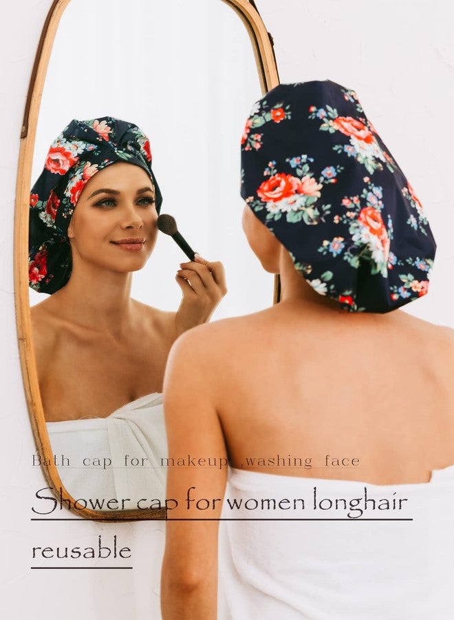 HIUMI Shower Cap for Women, Large Shower Cap for Long Hair Jumbo Adjustable Reusable Shower Caps Waterproof Bath Cap(Navy Blue) - Image 3
