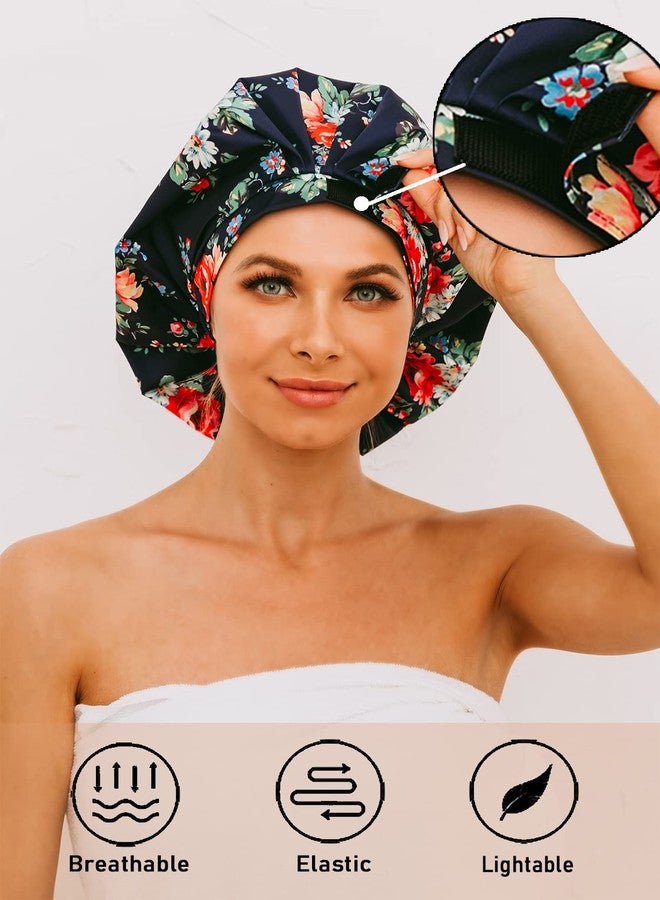 HIUMI Shower Cap for Women, Large Shower Cap for Long Hair Jumbo Adjustable Reusable Shower Caps Waterproof Bath Cap(Navy Blue) - Image 2