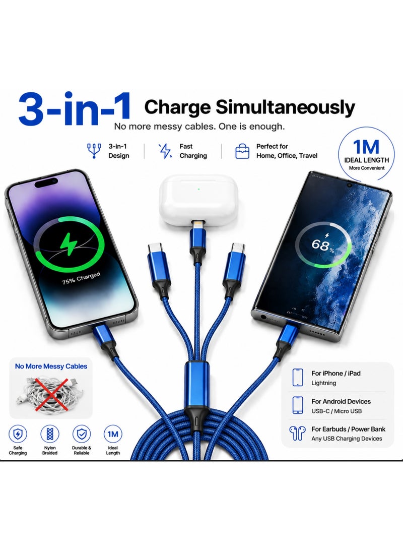 Blue 1M 3-in-1 Multi Charging Cable, Nylon Braided Universal USB to Type-C/Micro/Lightning Cord for iPhone, Samsung, Android - Image 2
