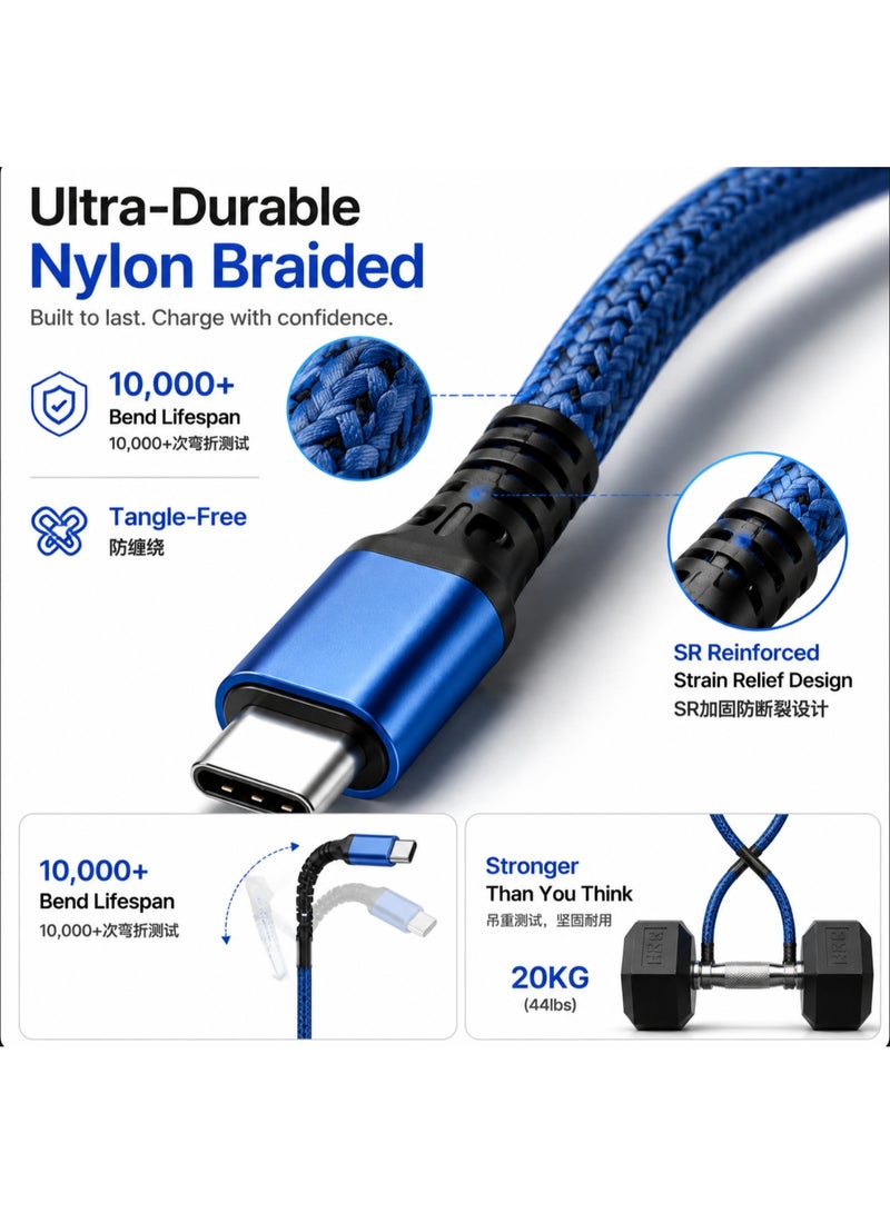 Blue 1M 3-in-1 Multi Charging Cable, Nylon Braided Universal USB to Type-C/Micro/Lightning Cord for iPhone, Samsung, Android - Image 3