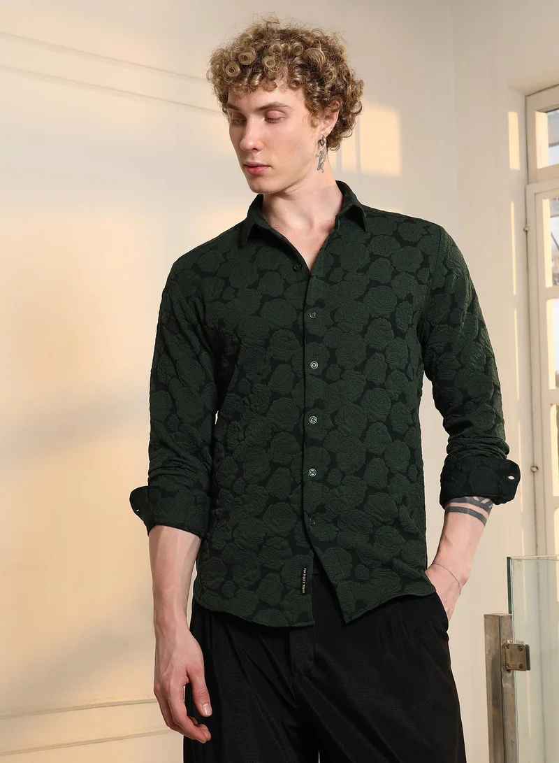 CAHOOT  Men's Dark Green Textured Floral Cotton Blend Shirt for Men | Best Price UAE