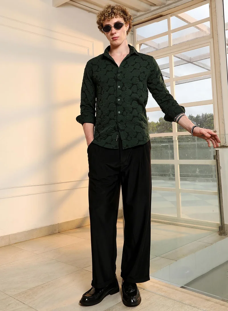 CAHOOT  Men's Dark Green Textured Floral Cotton Blend Shirt for Men | Best Price UAE