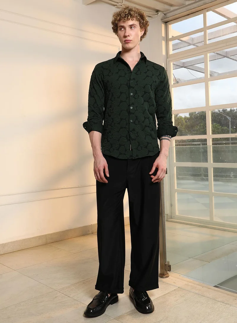 CAHOOT  Men's Dark Green Textured Floral Cotton Blend Shirt for Men | Best Price UAE