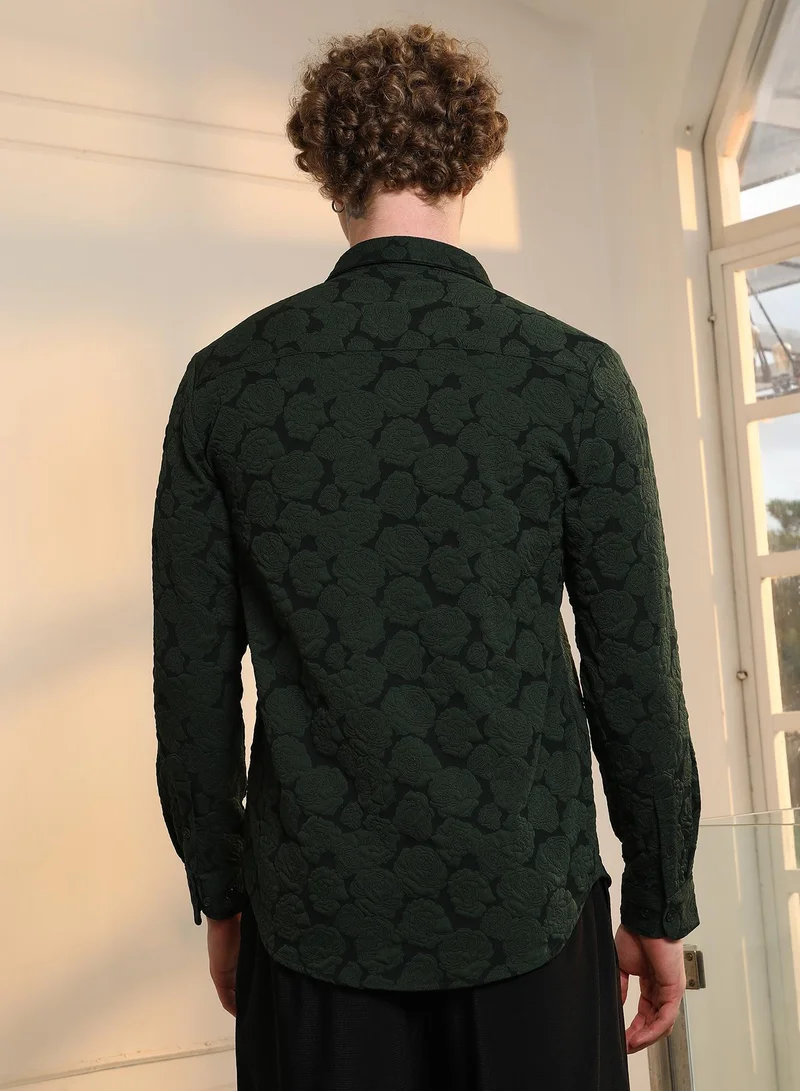 CAHOOT  Men's Dark Green Textured Floral Cotton Blend Shirt for Men | Best Price UAE