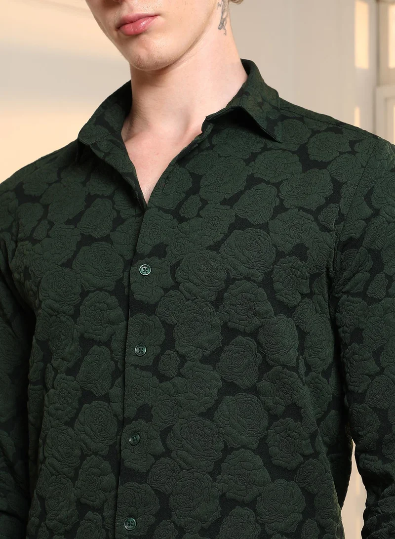 CAHOOT  Men's Dark Green Textured Floral Cotton Blend Shirt for Men | Best Price UAE