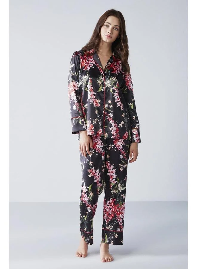 Floral patterned satin pajama set -2040.
