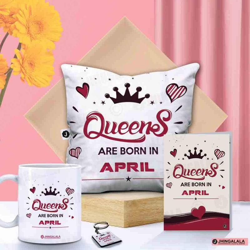 Jhingalala Jhingalala Queens are Born in April Printed Cushion Mug Key Chain Greeting Card Combo Gift Pack Gift for Sister Gift for Wife Gift for Daughter Gift for Girlfriend Gift for Mother Gift for Girls - Image 1