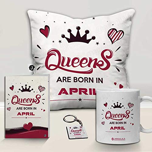 Jhingalala Jhingalala Queens are Born in April Printed Cushion Mug Key Chain Greeting Card Combo Gift Pack Gift for Sister Gift for Wife Gift for Daughter Gift for Girlfriend Gift for Mother Gift for Girls - Image 2