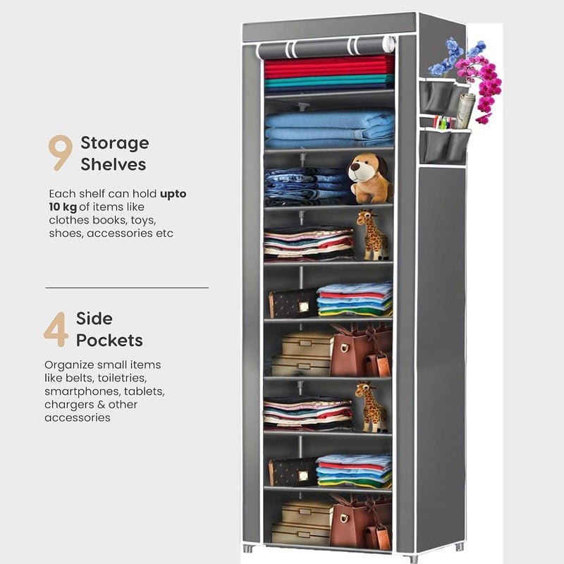 Jaffix Multipurpose Baby WardrobeCabinetMultipurpose Storage Rack Foldable Collapsible Fabric Wardrobe Organizer for Clothes Plastic and Non Woven Fabric Grey 9 Layer - Image 5