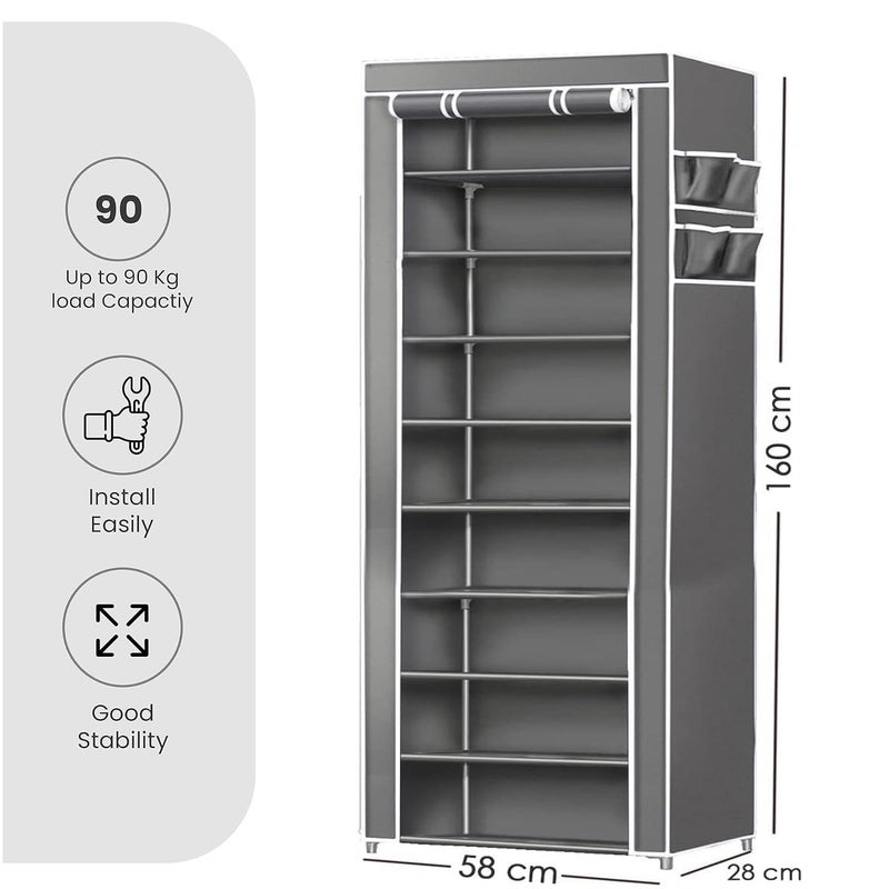 Jaffix Multipurpose Baby WardrobeCabinetMultipurpose Storage Rack Foldable Collapsible Fabric Wardrobe Organizer for Clothes Plastic and Non Woven Fabric Grey 9 Layer - Image 3