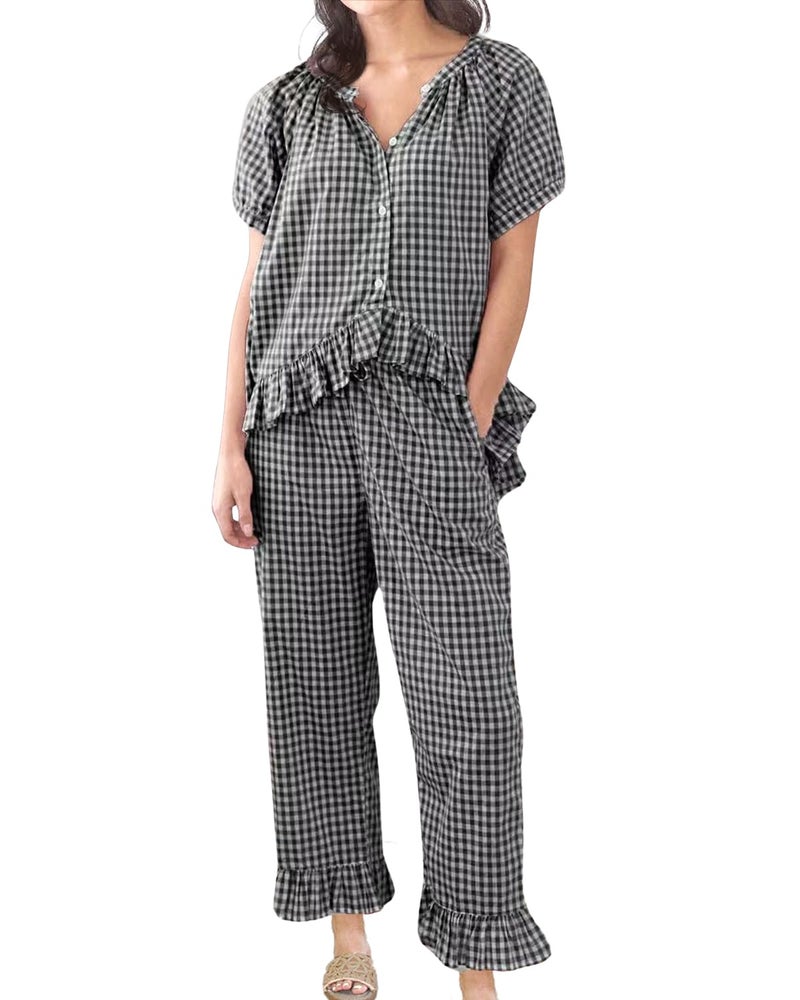 codcm Womens Gingham Pajama Set 2 Piece Short Sleeve Babydoll Shirt and Pants Lounge Set Cute Sleepwear(Black,Medium) - Image 2
