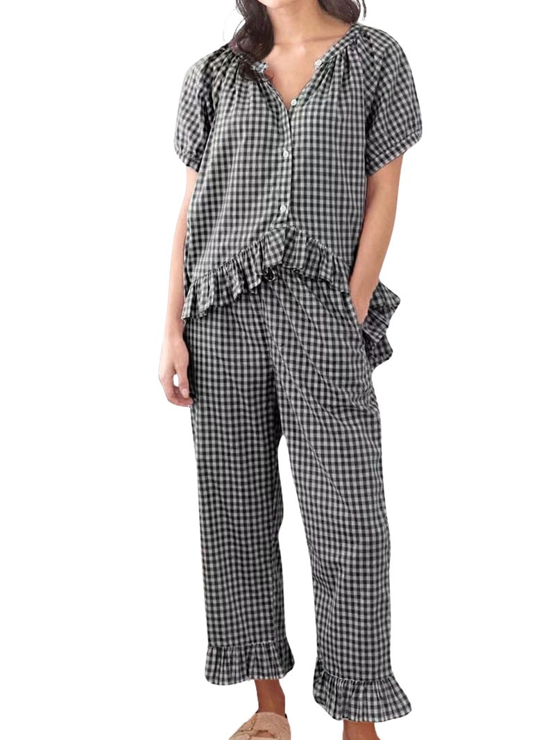 codcm Womens Gingham Pajama Set 2 Piece Short Sleeve Babydoll Shirt and Pants Lounge Set Cute Sleepwear(Black,Medium) - Image 4