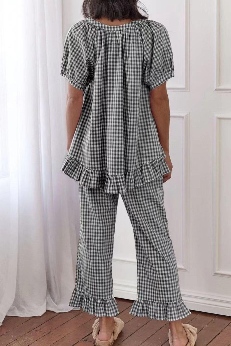 codcm Womens Gingham Pajama Set 2 Piece Short Sleeve Babydoll Shirt and Pants Lounge Set Cute Sleepwear(Black,Medium) - Image 3