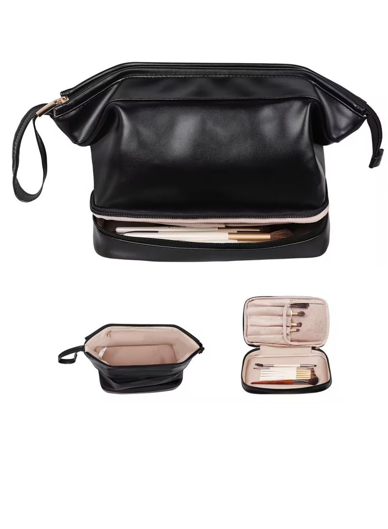 Excefore Large Makeup Bag, Personalized Double Layer Cosmetic Bag with Makeup Brush Organizer, Waterproof, Large Capacity PU Leather Travel Toiletry Bag, Perfect Graduation Gift - Image 1