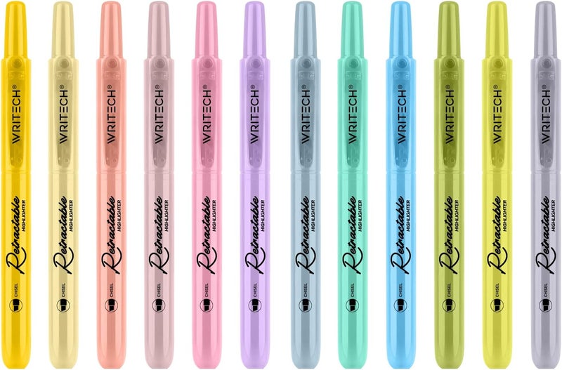 WRITECH Retractable Bible Highlighters Assorted: Pastel Colors No Bleed Aesthetic Marker Pen Chisel Tip, 12 Pack - Image 1