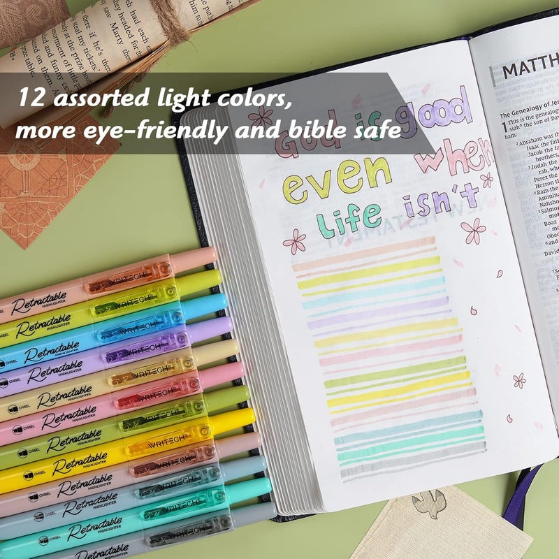 WRITECH Retractable Bible Highlighters Assorted: Pastel Colors No Bleed Aesthetic Marker Pen Chisel Tip, 12 Pack - Image 3