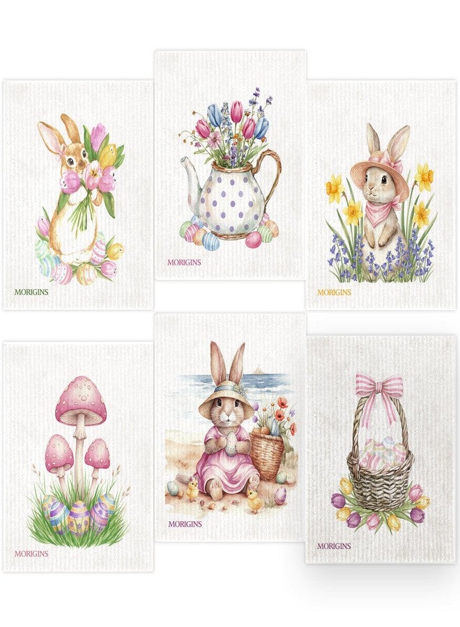 Morigins Swedish Kitchen Cloth Easter Beach Bunny Eggs 7x8inch Reusable Absorbent Towel Ideal for Kitchen & Bathroom Countertop Cleaning Cellulose Sponge Cloth Spring & Summer 6-Piece Set - Image 1