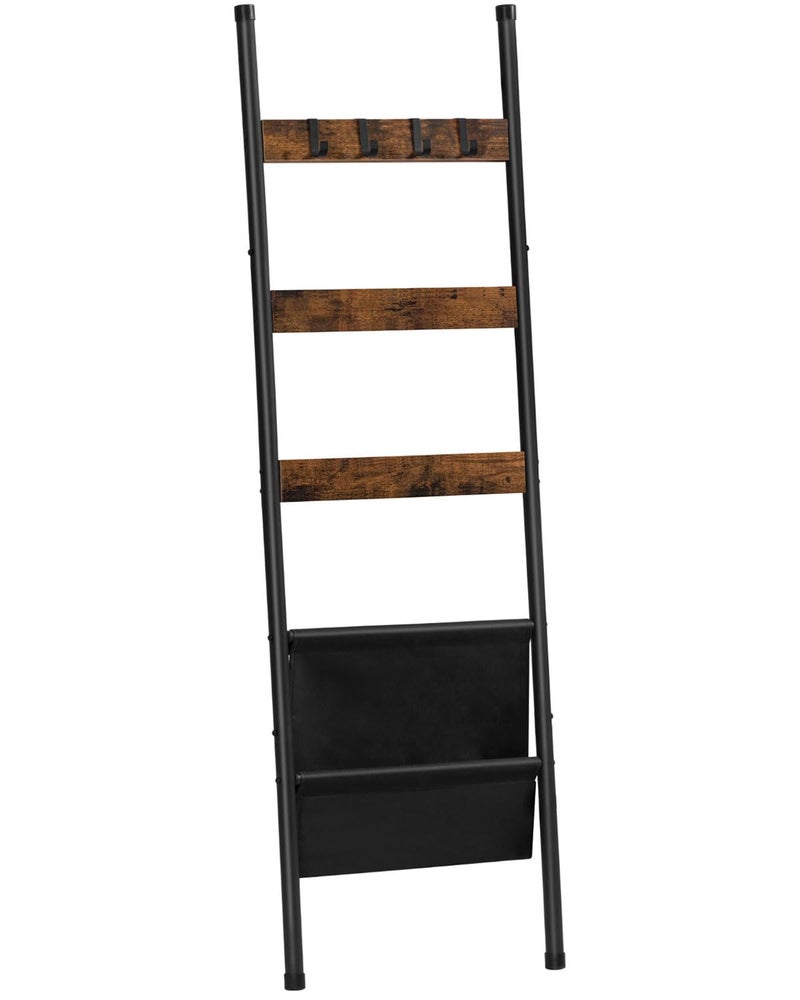 HOOBRO Blanket Ladder, 5 Tier Towel Rack, 17.3" L x 63" H, Wall-Leaning Blanket Rack for Living Room, Decorative Ladder with 4 Hooks and Magazine Pocket, Rustic Brown BF32CJ01 - Image 1