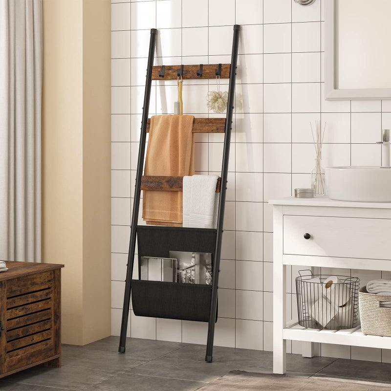 HOOBRO Blanket Ladder, 5 Tier Towel Rack, 17.3" L x 63" H, Wall-Leaning Blanket Rack for Living Room, Decorative Ladder with 4 Hooks and Magazine Pocket, Rustic Brown BF32CJ01 - Image 5