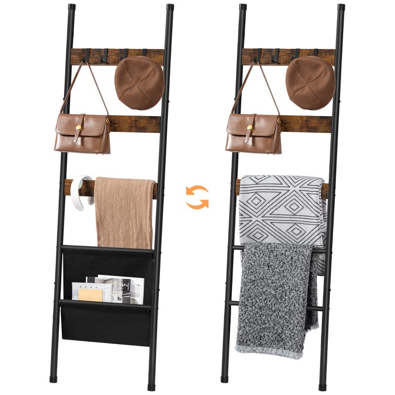 HOOBRO Blanket Ladder, 5 Tier Towel Rack, 17.3" L x 63" H, Wall-Leaning Blanket Rack for Living Room, Decorative Ladder with 4 Hooks and Magazine Pocket, Rustic Brown BF32CJ01 - Image 4