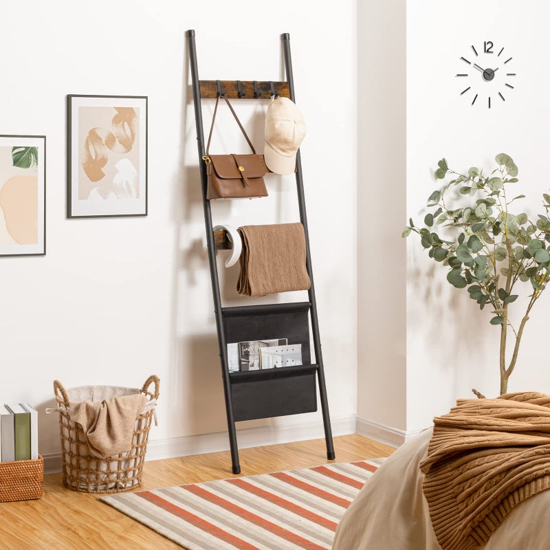 HOOBRO Blanket Ladder, 5 Tier Towel Rack, 17.3" L x 63" H, Wall-Leaning Blanket Rack for Living Room, Decorative Ladder with 4 Hooks and Magazine Pocket, Rustic Brown BF32CJ01 - Image 2