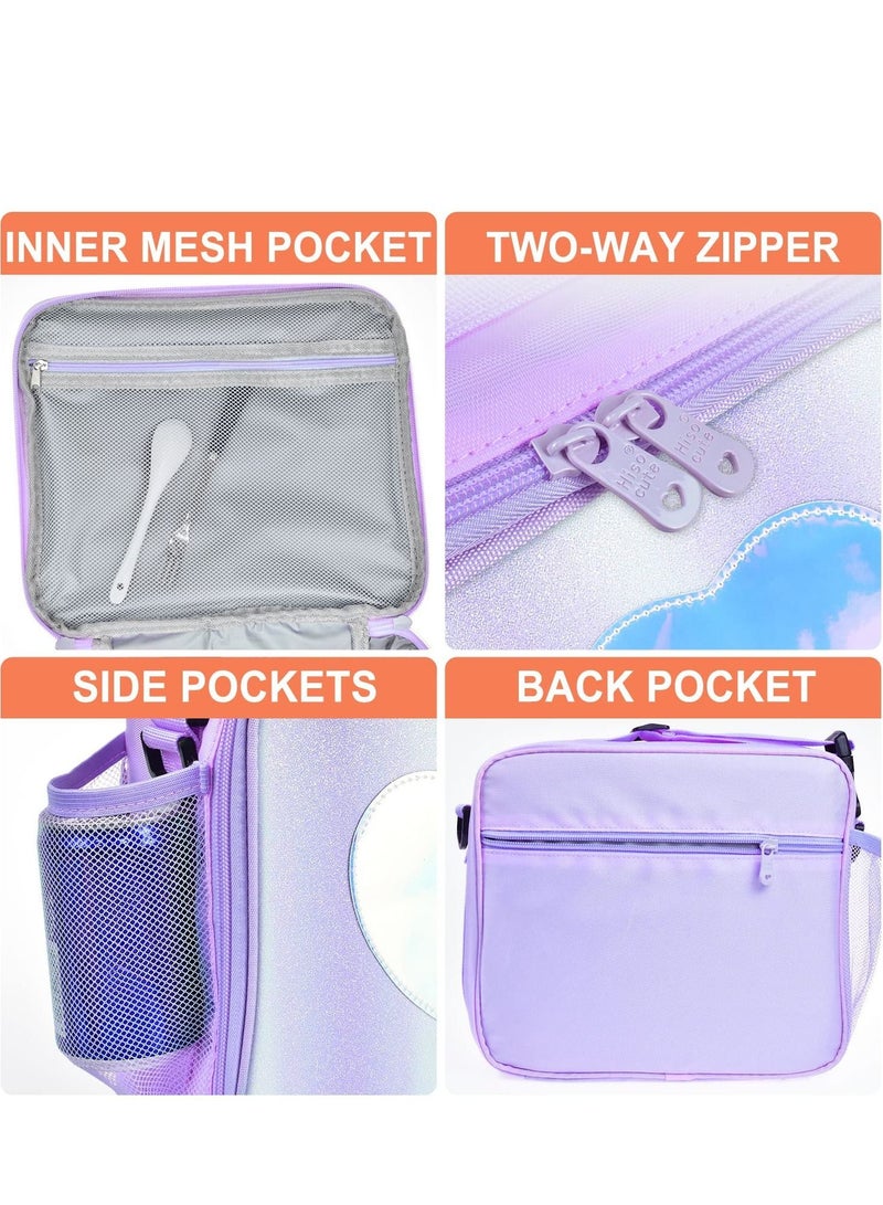Children's Lunch Box, Rainbow Laser Tote Leakproof Insulated Bag Reusable Bento Picnic Ice Girls Simple Shoulder for School and Outdoor Backpack (Purple) - Image 5