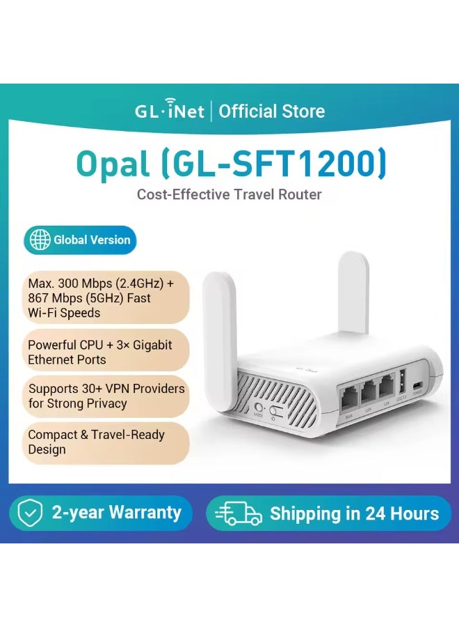 GL.iNet GL-SFT1200 (Opal) Secure Travel WiFi Router, AC1200 Dual Band Gigabit Ethernet Wireless Network, IPv6 USB 2.0, Repeater Bridge Access Point Mode, Router for Public Use, Easy Setup with Guide