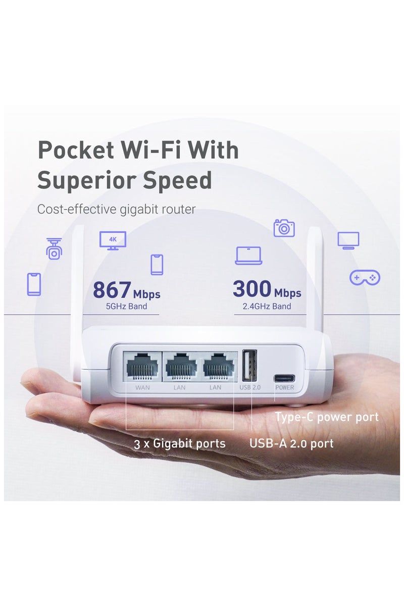 GL.iNet GL-SFT1200 (Opal) Secure Travel WiFi Router, AC1200 Dual Band Gigabit Ethernet Wireless Network, IPv6 USB 2.0, Repeater Bridge Access Point Mode, Router for Public Use, Easy Setup with Guide