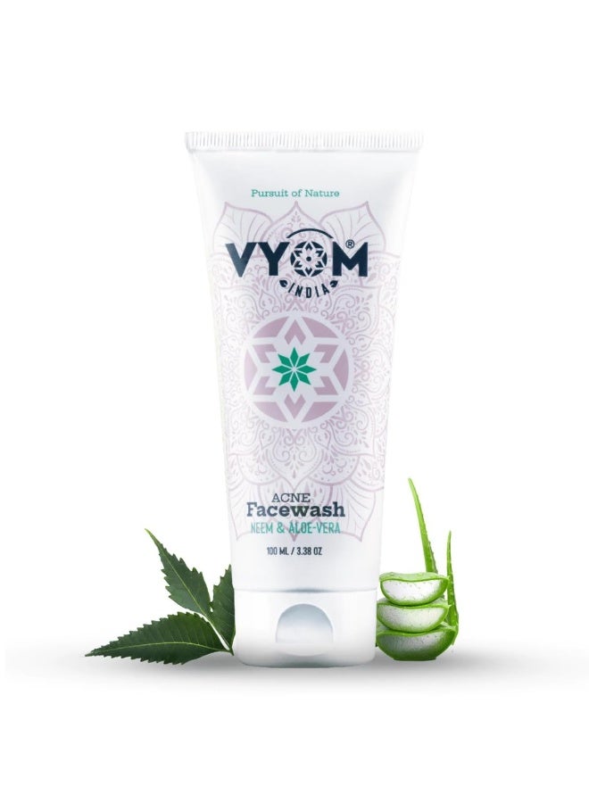 VYOM India Acne Face Wash for Women & Men, Aloe Vera & Neem Face Wash for Acne Prone Skin, Anti-Acne Face Wash for Acne & Pimple, Sulphate & Paraben Free, Organic & Herbal, for All Skin Type - 100ML - Image 1