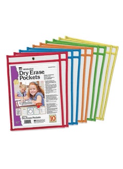 Charles Leonard - Reusable Clear Dry Erase Pockets, Holds Worksheets Up To 9 X 12 Inches, Assorted Colored Piping, 10-Pack Of Pockets (29010) 