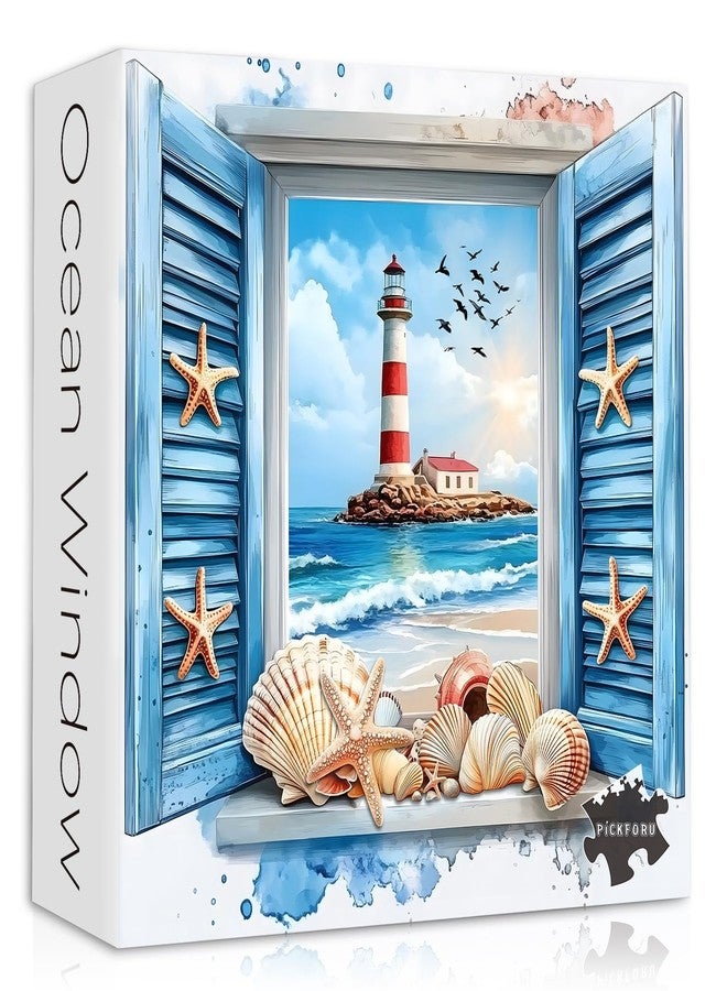 PICKFORU Beach Puzzles for Adults 1000 Pieces, 3D Window Art Lighthouse Puzzles Seashell, Unique Ocean Jigsaw Puzzles 1000 Pieces Painting, Nature Challenge for Adults - Image 1