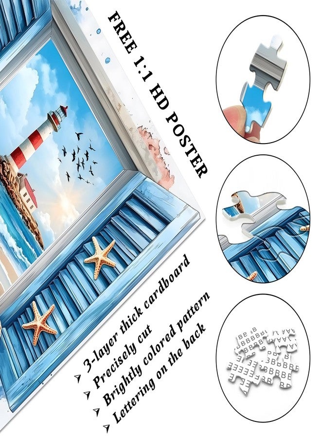PICKFORU Beach Puzzles for Adults 1000 Pieces, 3D Window Art Lighthouse Puzzles Seashell, Unique Ocean Jigsaw Puzzles 1000 Pieces Painting, Nature Challenge for Adults - Image 3
