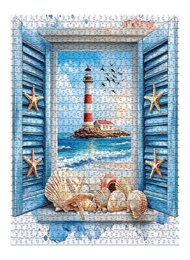 PICKFORU Beach Puzzles for Adults 1000 Pieces, 3D Window Art Lighthouse Puzzles Seashell, Unique Ocean Jigsaw Puzzles 1000 Pieces Painting, Nature Challenge for Adults - Image 2