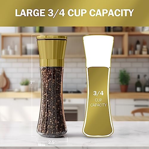 Home EC Original Gold Salt and Pepper Grinder Set of 2 - Adjustable Ceramic Grinder - Tall Glass Salt and Pepper Shakers With Funnel and Ebook - Kitchen Spice Mill - Gold Kitchen Accessories - Image 2