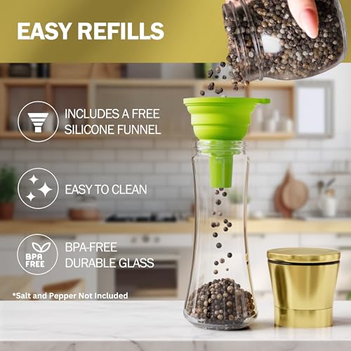 Home EC Original Gold Salt and Pepper Grinder Set of 2 - Adjustable Ceramic Grinder - Tall Glass Salt and Pepper Shakers With Funnel and Ebook - Kitchen Spice Mill - Gold Kitchen Accessories - Image 4