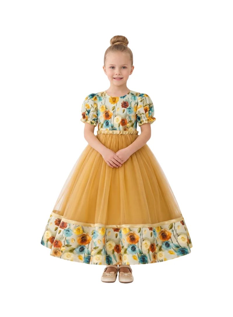دىدانيالا Girls' Mustard Yellow Gown with Vintage Floral Accents