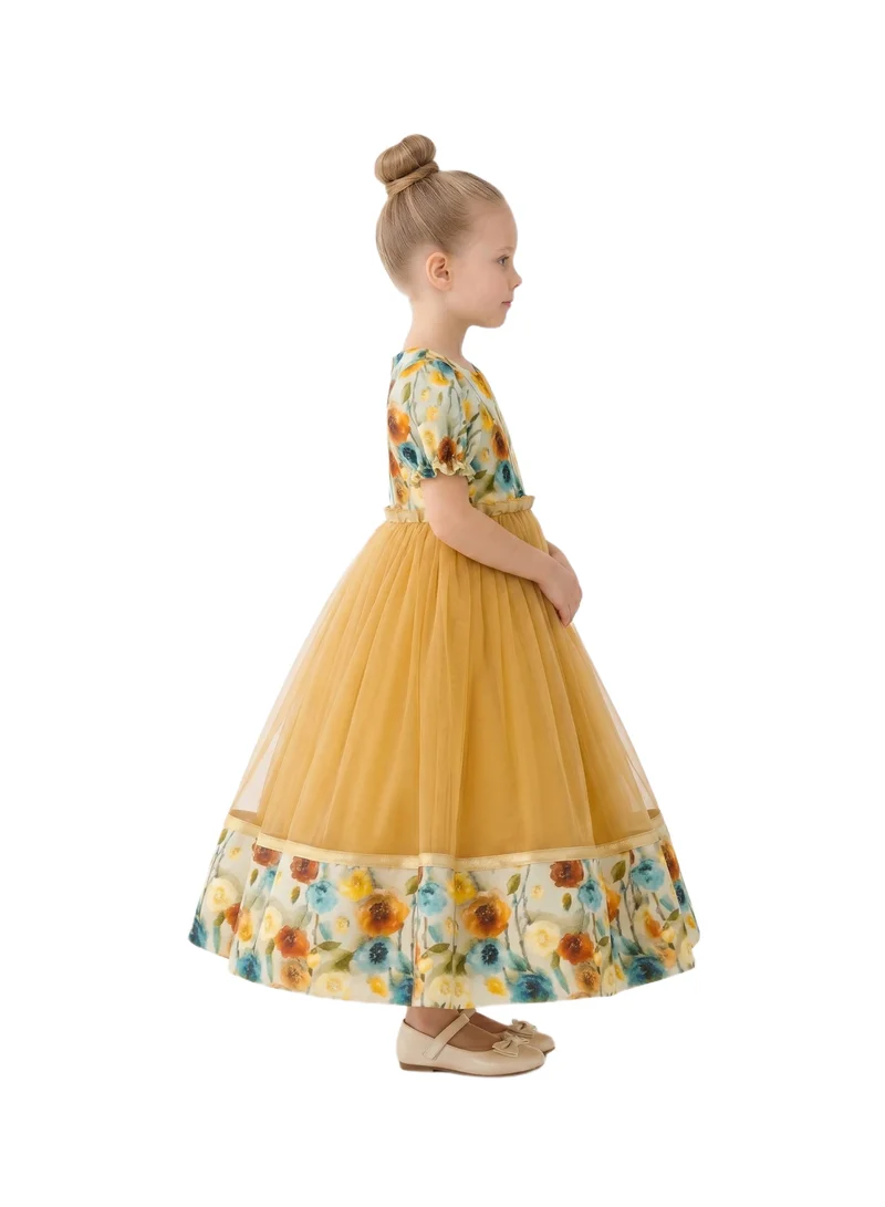 دىدانيالا Girls' Mustard Yellow Gown with Vintage Floral Accents