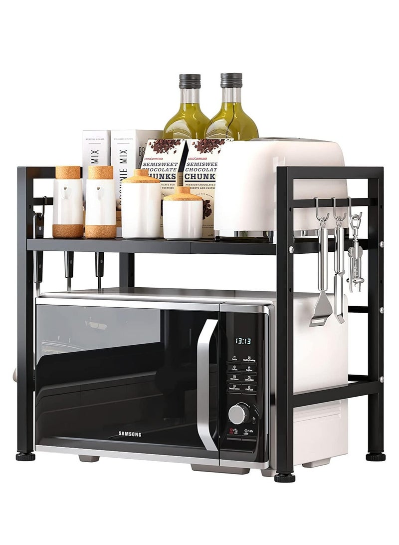 VUCATIN رف فرن الميكروويف مع 6 خطاف، رف ميكروويف قابل للتوسيع لطاولة المطبخ، منظم سطح الطاولة بحامل الميكروويف لطاولة المطبخ (طبقة واحدة) - Image 1