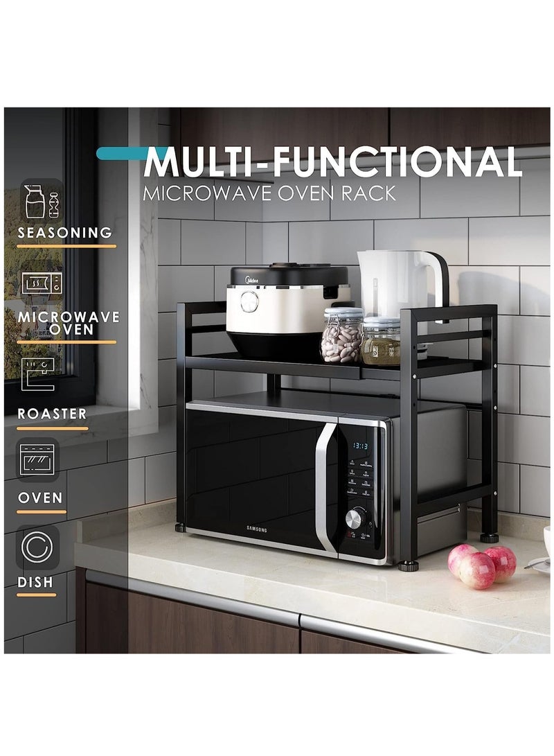 VUCATIN رف فرن الميكروويف مع 6 خطاف، رف ميكروويف قابل للتوسيع لطاولة المطبخ، منظم سطح الطاولة بحامل الميكروويف لطاولة المطبخ (طبقة واحدة) - Image 2