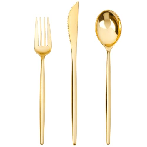 SUT 150PCS Gold Plastic Silverware Plastic UtensilsGold Silverware DisposableDisposable Utensils Heavy DutyPlastic Cutlery SetIncludes50 Knives Forks and Spoons for Party BirthdayWedding