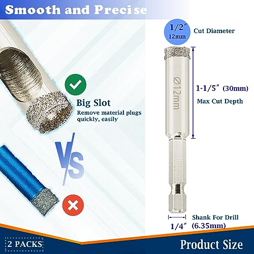 DaduoRi 1/2 inch Diamond Hole Saw, Wet Use, 1/2" Tile Hole Saw for Porcelain Tile Glass Granite Ceramic Marble Stone,12mm Drill bits x 2 Pack, Small (1/4" hex Shank) - Image 2