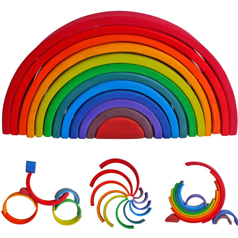 Dinhon Wooden Rainbow Stacking Toys 12 Pcs Wood Building Blocks Set Wooden Building Blocks Nesting Puzzles Early Matching Educational Learning Montessori Toys for Kids 3 4 5 6 Years and Up - Image 3