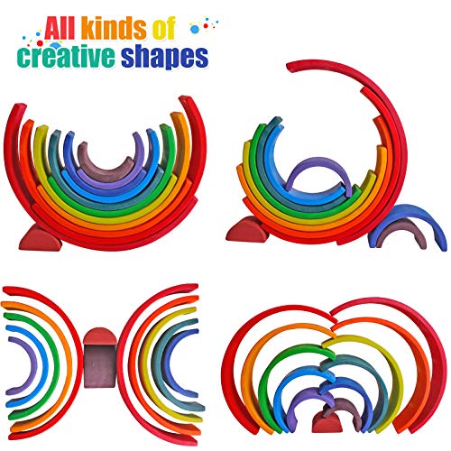 Dinhon Wooden Rainbow Stacking Toys 12 Pcs Wood Building Blocks Set Wooden Building Blocks Nesting Puzzles Early Matching Educational Learning Montessori Toys for Kids 3 4 5 6 Years and Up - Image 5