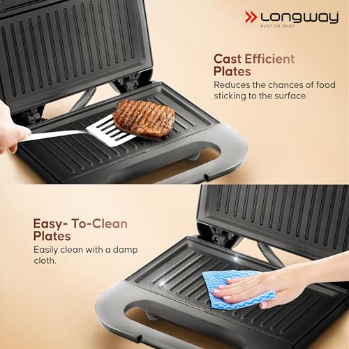 Longway Grilly Pro 850 W Grill Sandwich Maker & Toaster | Non-stick Coating Cast Aluminum Plates | Grills Sandwiches, Bread & Kebabs (Metallic Silver) - Image 4