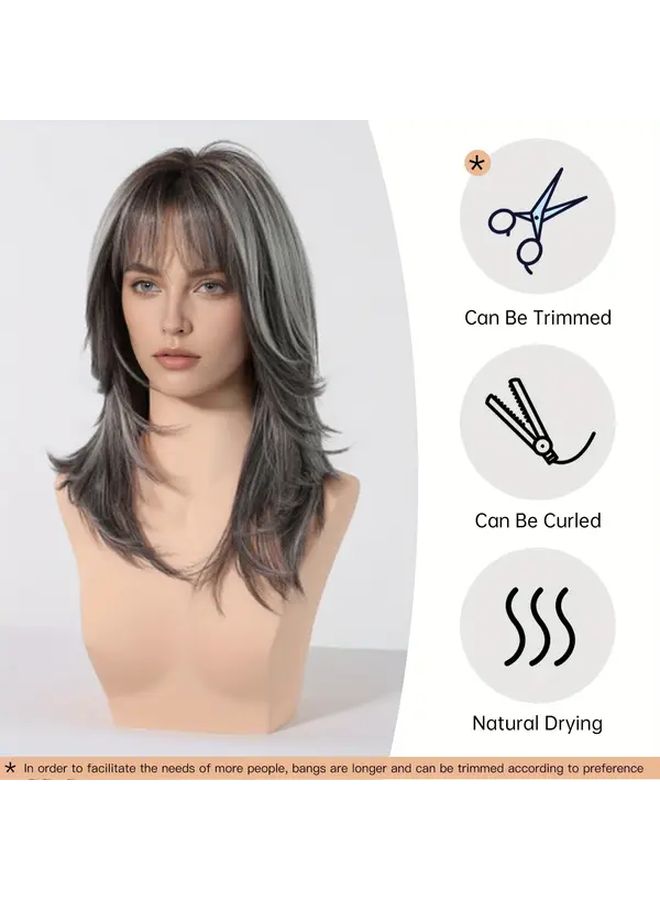 18 Inch Heat Resistant Straight Hair Wig With Bangs Black Brown Mixed Haze Blue - Image 2
