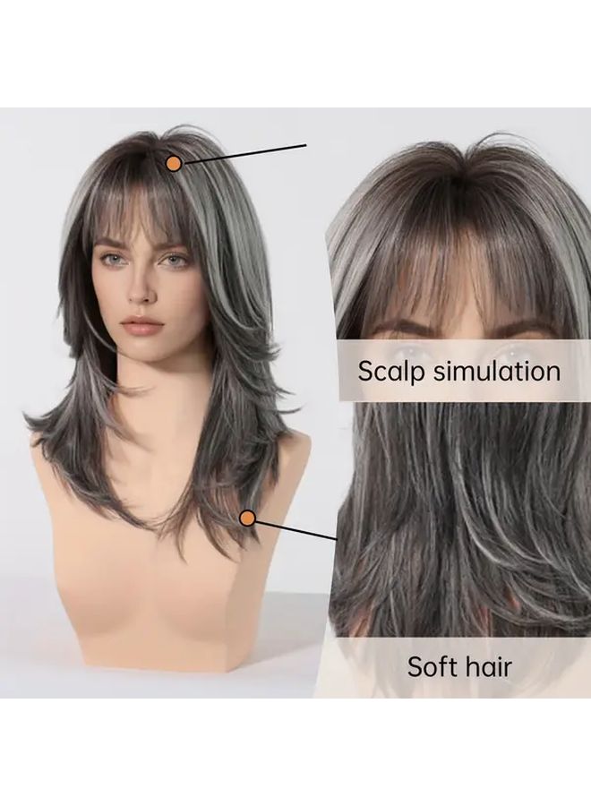 18 Inch Heat Resistant Straight Hair Wig With Bangs Black Brown Mixed Haze Blue - Image 3