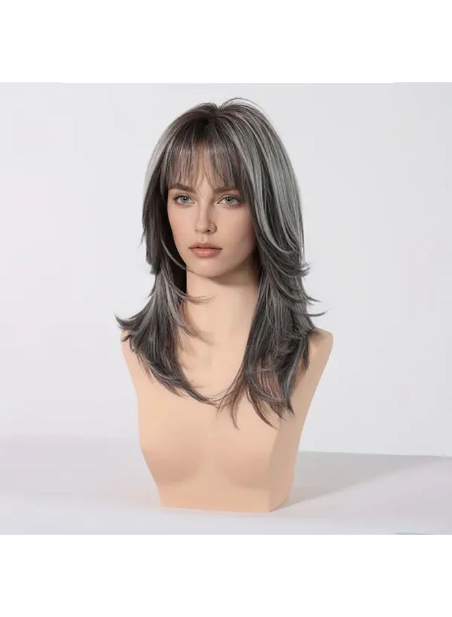 18 Inch Heat Resistant Straight Hair Wig With Bangs Black Brown Mixed Haze Blue - Image 5