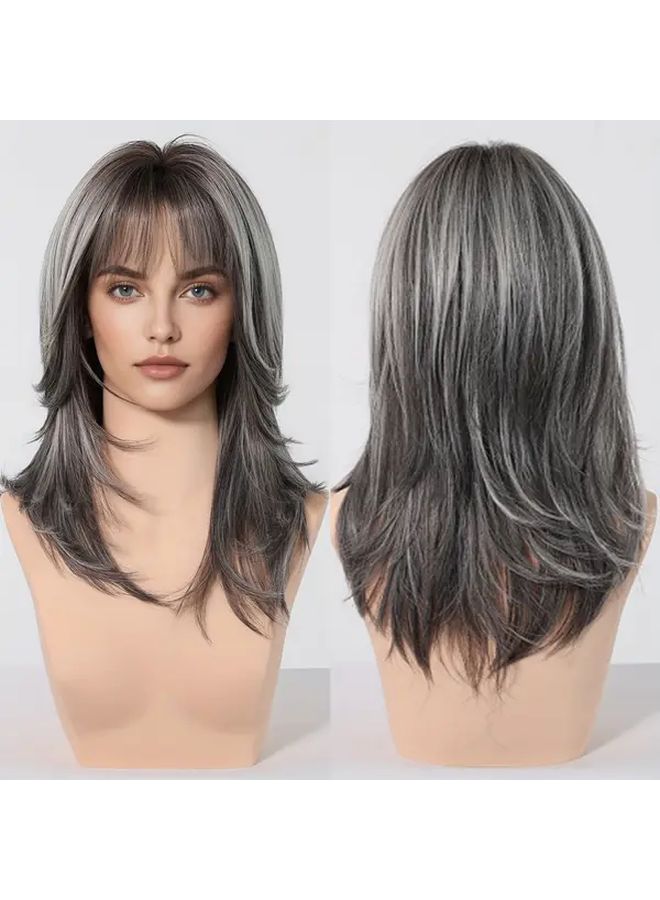 18 Inch Heat Resistant Straight Hair Wig With Bangs Black Brown Mixed Haze Blue - Image 1