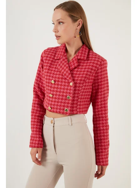 Lela Houndstooth Patterned Buttoned Slim Fit Crop Jacket Women's Jacket 611C007